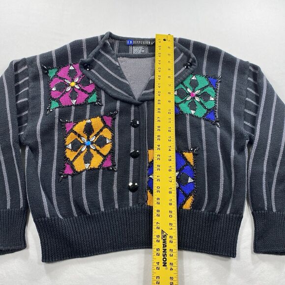 VTG IB Diffusion Sweater Womens Large Black Gray Beaded Knit 90s Grandmacore - Picture 7 of 10